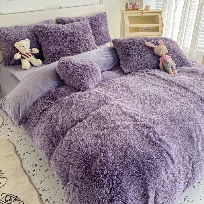 91家纺网 家纺一手货源 找家纺 邦妮家纺 2024新款云貂绒纯色四件套 烟灰紫