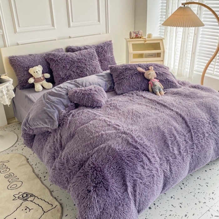 91家纺网 家纺一手货源 找家纺 邦妮家纺 2024新款云貂绒纯色四件套 烟灰紫