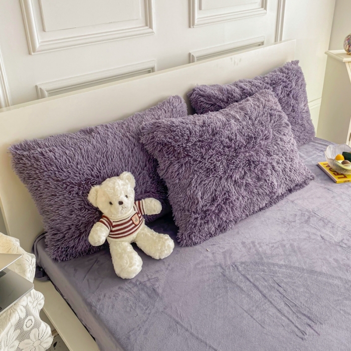 91家纺网 家纺一手货源 找家纺 邦妮家纺 2024新款云貂绒纯色四件套 烟灰紫