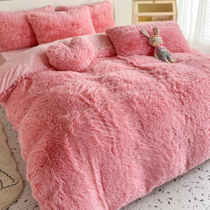 91家纺网 家纺一手货源 找家纺 邦妮家纺 2024新款云貂绒纯色四件套 玉色