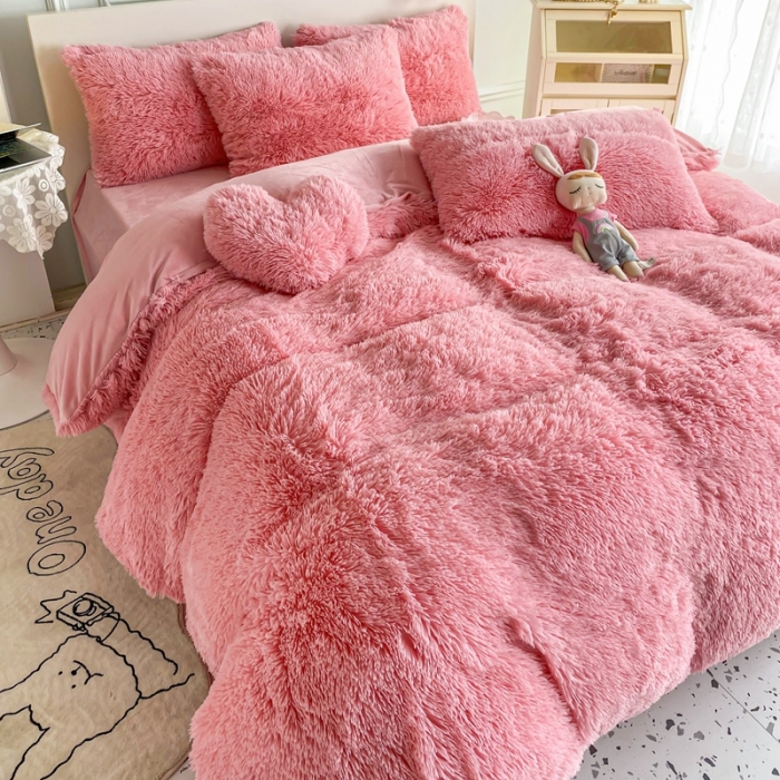 91家纺网 家纺一手货源 找家纺 邦妮家纺 2024新款云貂绒纯色四件套 玉色