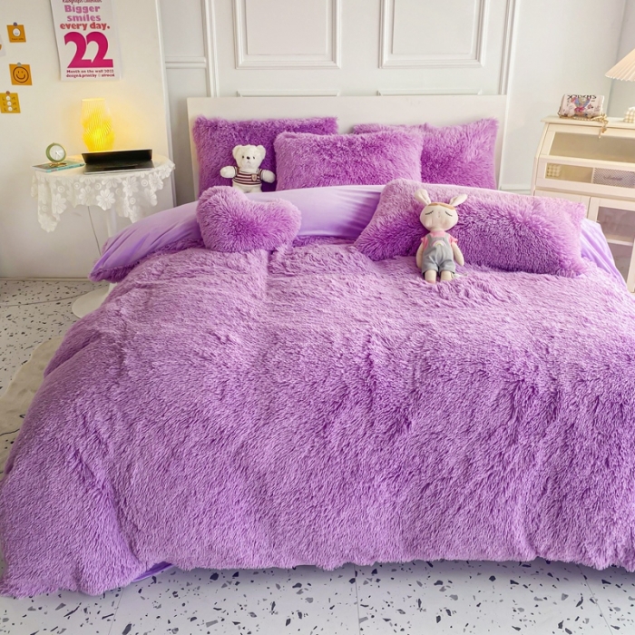 91家纺网 家纺一手货源 找家纺 邦妮家纺 2024新款云貂绒纯色四件套 紫色