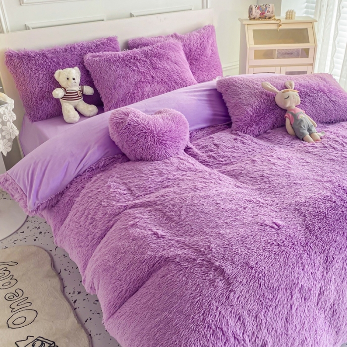 91家纺网 家纺一手货源 找家纺 邦妮家纺 2024新款云貂绒纯色四件套 紫色