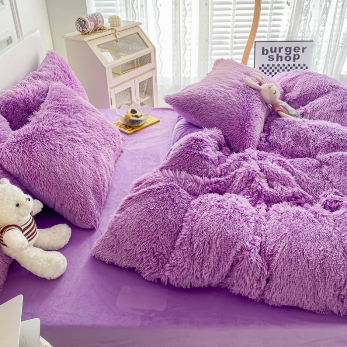 91家纺网 家纺一手货源 找家纺 邦妮家纺 2024新款云貂绒纯色四件套 紫色