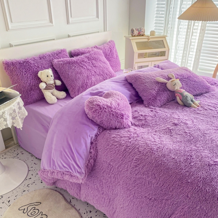 91家纺网 家纺一手货源 找家纺 邦妮家纺 2024新款云貂绒纯色四件套 紫色