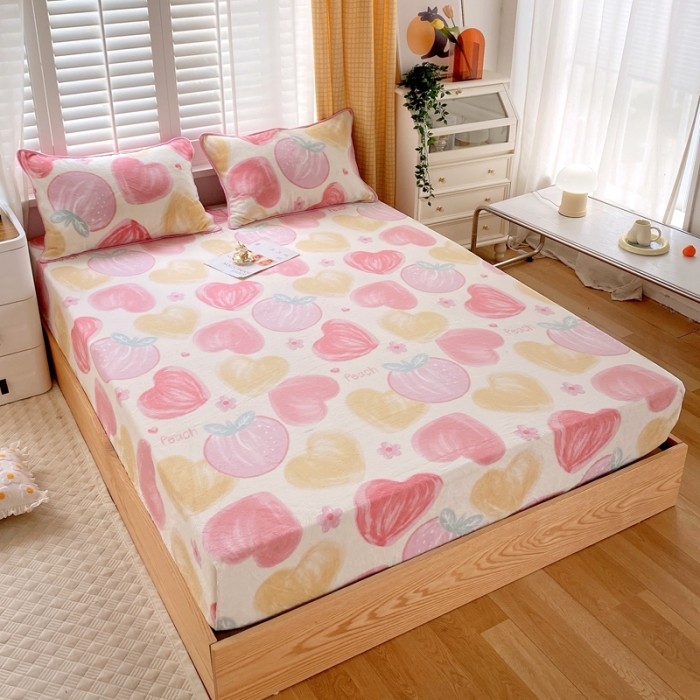 91家纺网 家纺一手货源 找家纺 金鑫汇 2022新款牛奶绒四件套系列-单床笠 粉波波