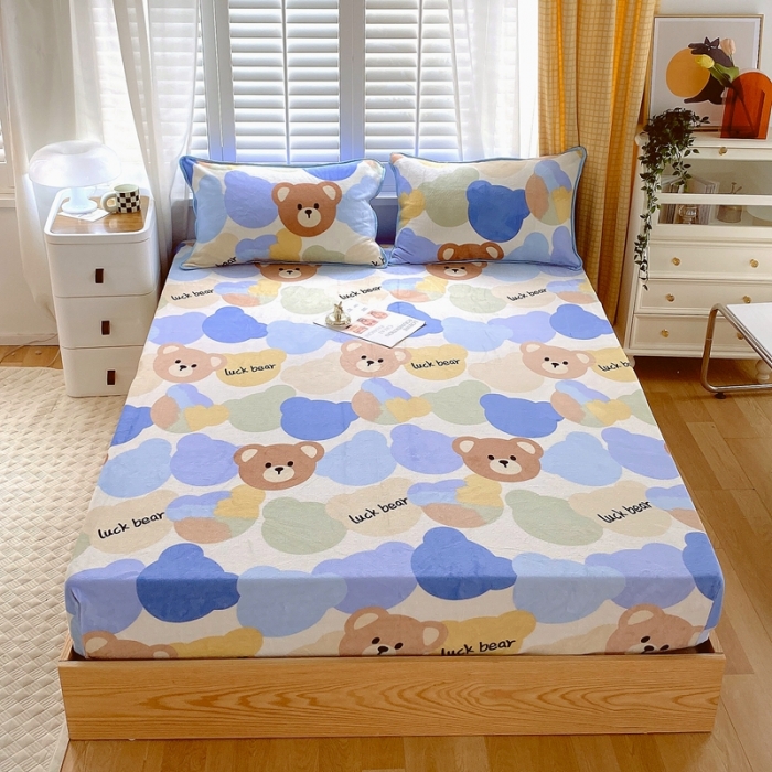 91家纺网 家纺一手货源 找家纺 金鑫汇 2022新款牛奶绒四件套系列-单床笠 开心熊-米白