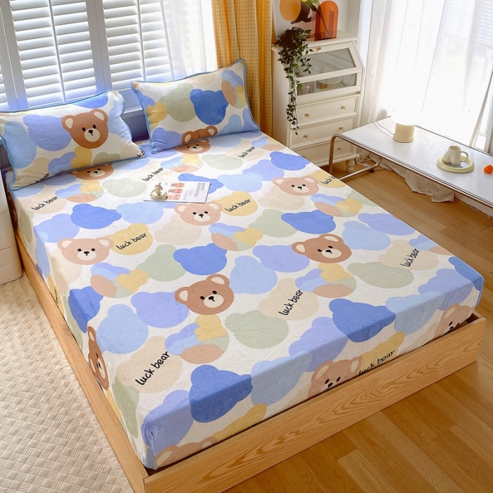 91家纺网 家纺一手货源 找家纺 金鑫汇 2022新款牛奶绒四件套系列-单床笠 开心熊-米白