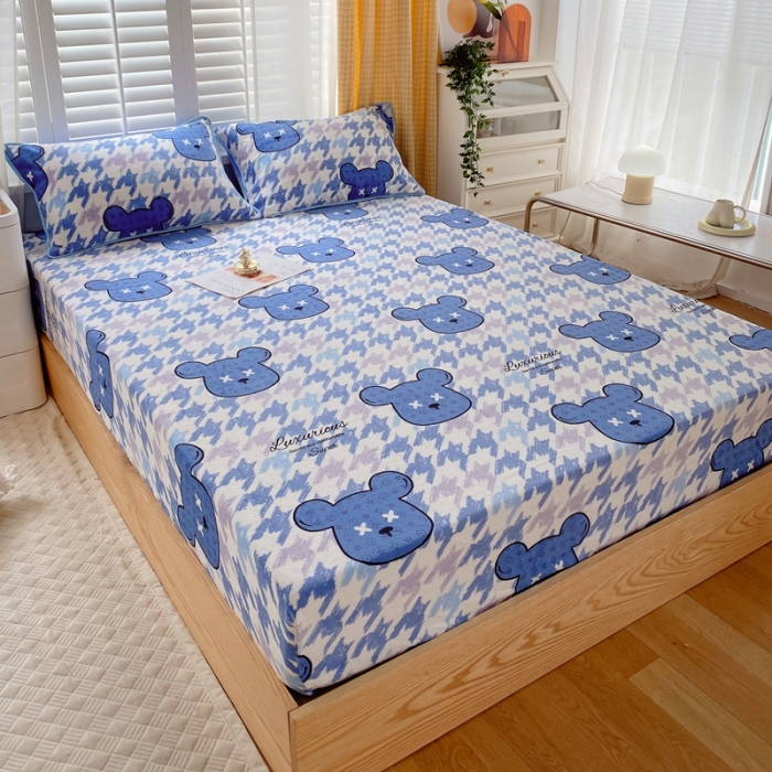 91家纺网 家纺一手货源 找家纺 金鑫汇 2022新款牛奶绒四件套系列-单床笠 绅士熊-兰