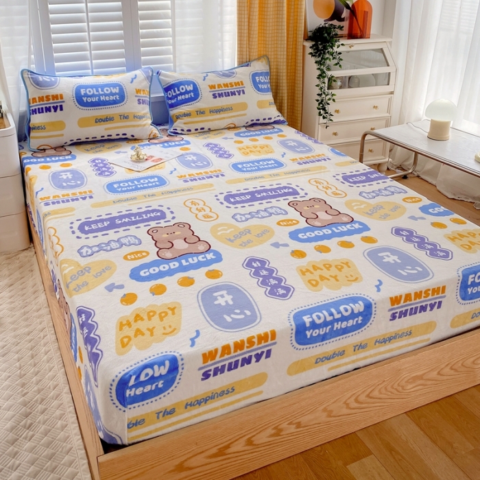 91家纺网 家纺一手货源 找家纺 金鑫汇 2022新款牛奶绒四件套系列-单床笠 幸运熊-兰