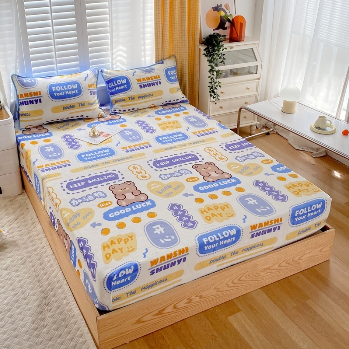 91家纺网 家纺一手货源 找家纺 金鑫汇 2022新款牛奶绒四件套系列-单床笠 幸运熊-兰