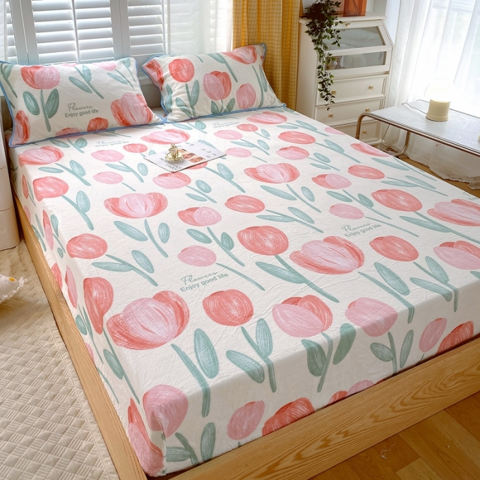 91家纺网 家纺一手货源 找家纺 金鑫汇 2022新款牛奶绒四件套系列-单床笠 郁金香-粉