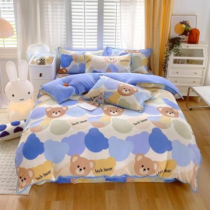 91家纺网 家纺一手货源 找家纺 金鑫汇 2022新款牛奶绒四件套系列 开心熊-米白