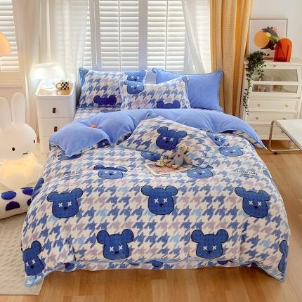 91家纺网 家纺一手货源 找家纺 金鑫汇 2022新款牛奶绒四件套系列 绅士熊-兰