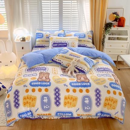 91家纺网 家纺一手货源 找家纺 金鑫汇 2022新款牛奶绒四件套系列 幸运熊-兰