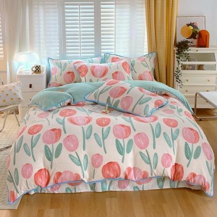 91家纺网 家纺一手货源 找家纺 金鑫汇 2022新款牛奶绒四件套系列 郁金香-粉