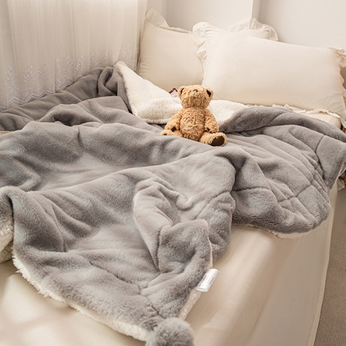 91家纺网 家纺一手货源 找家纺 潮邦2025新款仿兔毛羊羔绒毛球毯含买家秀 普通款灰
