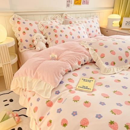 91家纺网 家纺一手货源 找家纺 川悦生活 2022新款韩版花边牛奶绒四件套 开心草莓花边