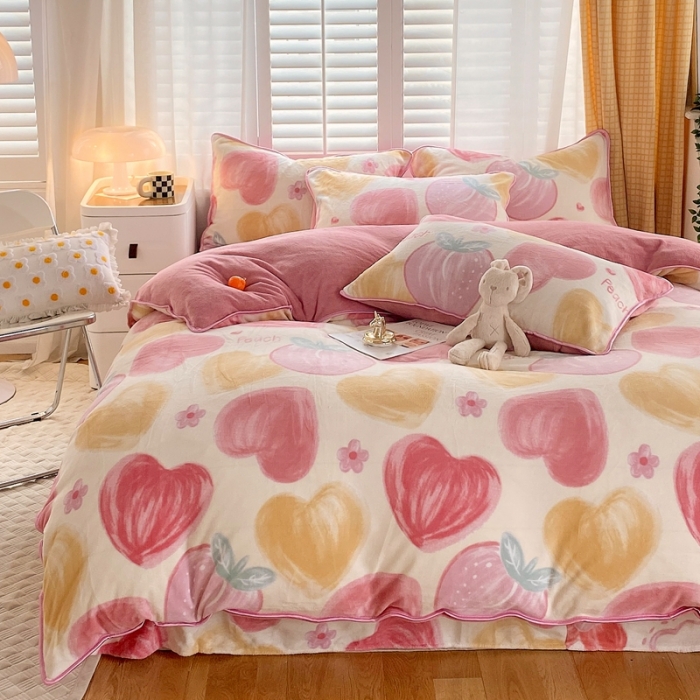 91家纺网 家纺一手货源 找家纺 金鑫汇 2022新款牛奶绒四件套系列 粉波波