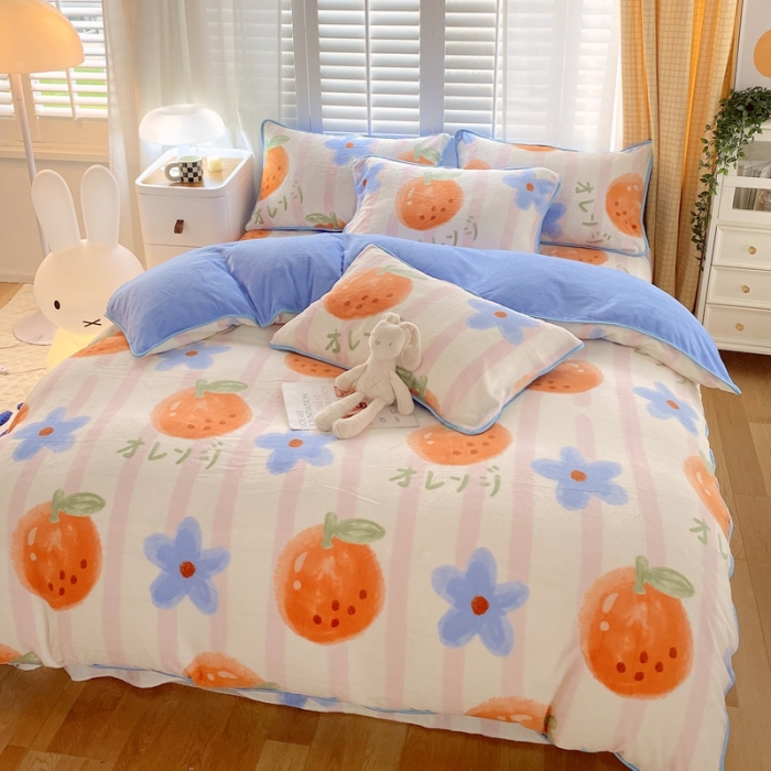 91家纺网 家纺一手货源 找家纺 金鑫汇 2022新款牛奶绒四件套系列 甜橙-粉