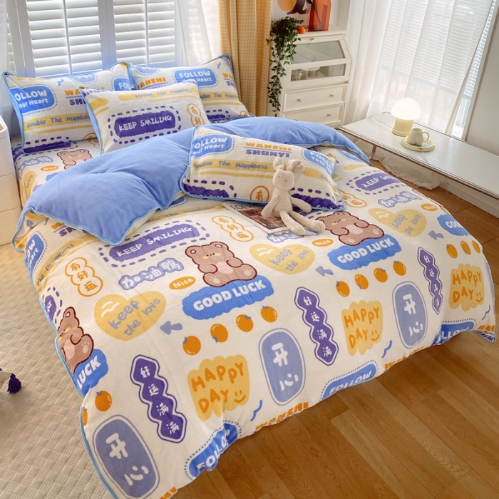 91家纺网 家纺一手货源 找家纺 金鑫汇 2022新款牛奶绒四件套系列 幸运熊-兰