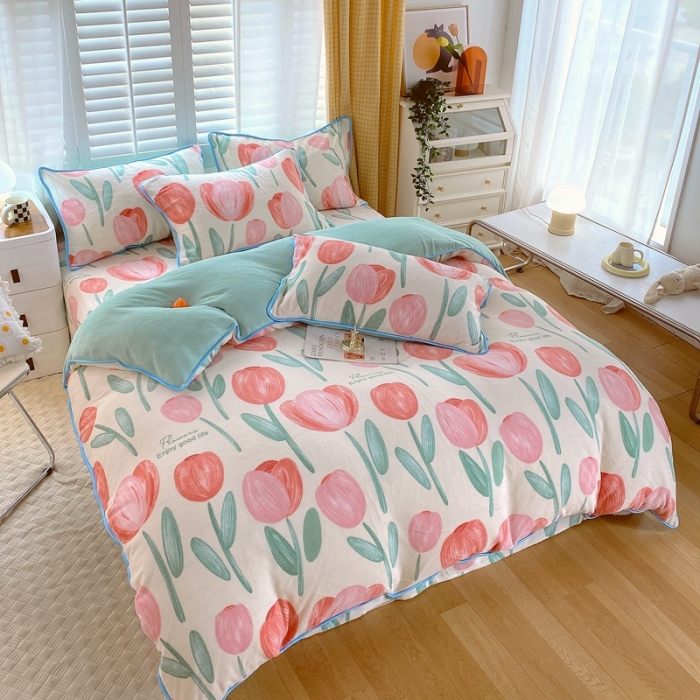 91家纺网 家纺一手货源 找家纺 金鑫汇 2022新款牛奶绒四件套系列 郁金香-粉