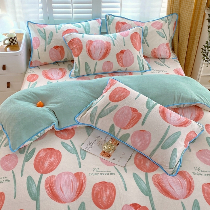 91家纺网 家纺一手货源 找家纺 金鑫汇 2022新款牛奶绒四件套系列 郁金香-粉