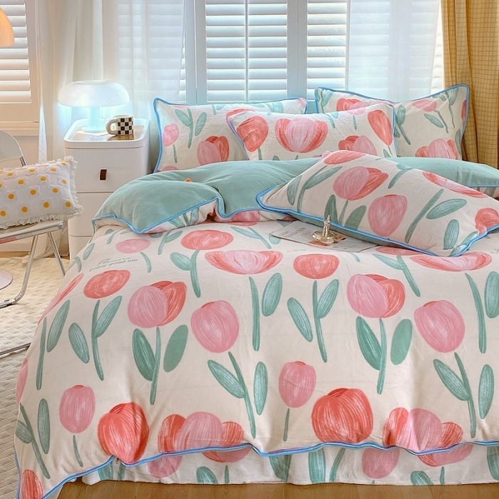 91家纺网 家纺一手货源 找家纺 金鑫汇 2022新款牛奶绒四件套系列 郁金香-粉