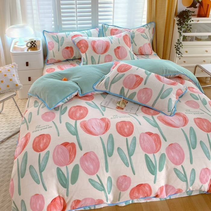 91家纺网 家纺一手货源 找家纺 金鑫汇 2022新款牛奶绒四件套系列 郁金香-粉