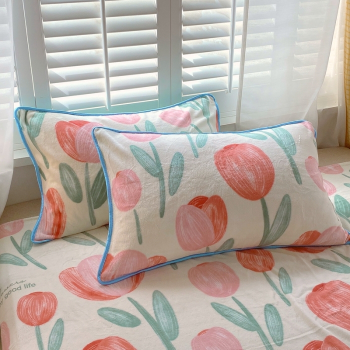 91家纺网 家纺一手货源 找家纺 金鑫汇 2022新款牛奶绒四件套系列 郁金香-粉