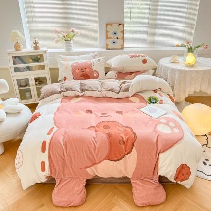 91家纺网 家纺一手货源 找家纺 川悦生活 2022新款直播供货大版带脚牛奶绒四件套 咖啡熊