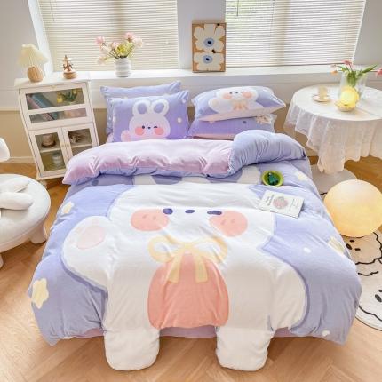 91家纺网 家纺一手货源 找家纺 川悦生活2022新款直播供货大版带脚牛奶绒四件套 星星兔