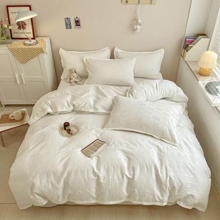 91家纺网 家纺一手货源 找家纺 静家居 202460s华夫格提花贝壳针四件套-保罗 保罗小熊白+白