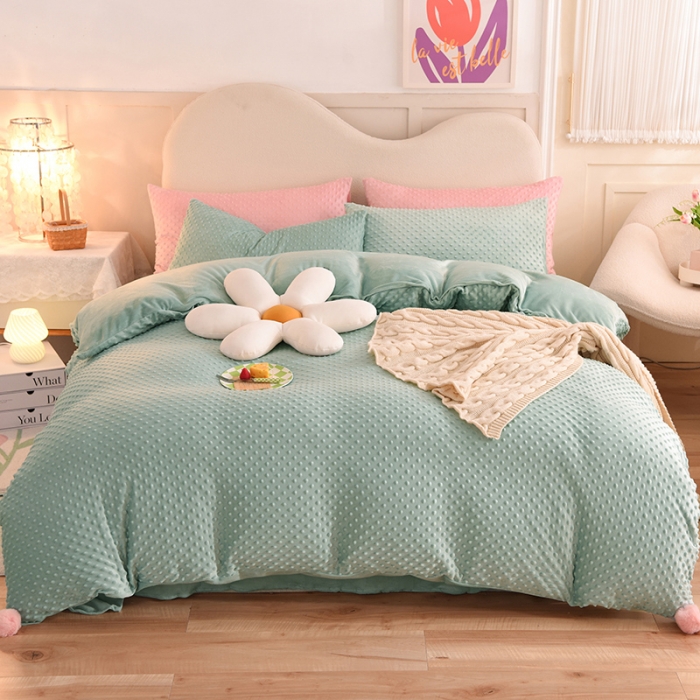 91家纺网 家纺一手货源 找家纺 艾米家居  2022新款秋冬豆豆绒宝宝绒四件套 水绿