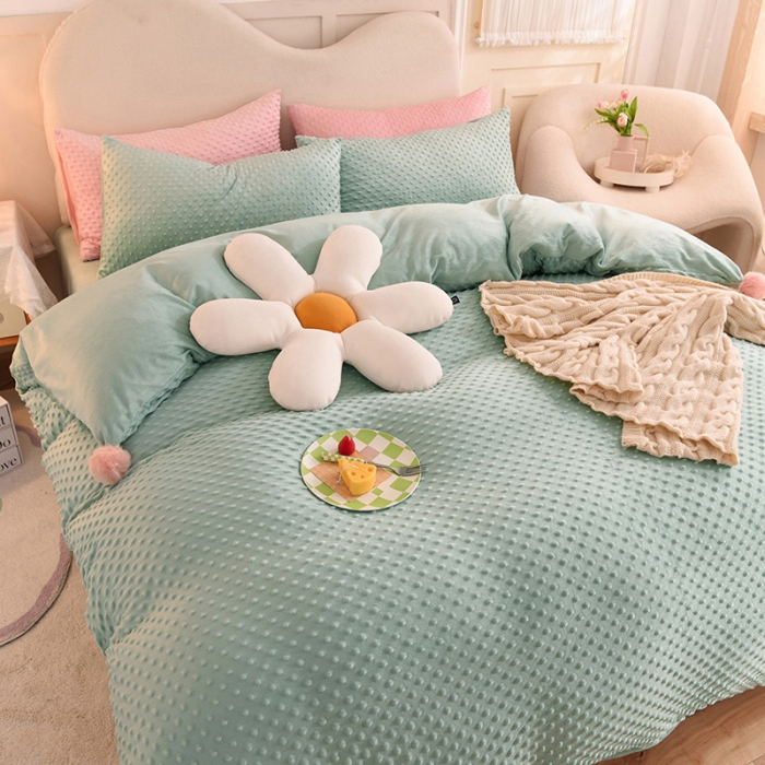 91家纺网 家纺一手货源 找家纺 艾米家居  2022新款秋冬豆豆绒宝宝绒四件套 水绿