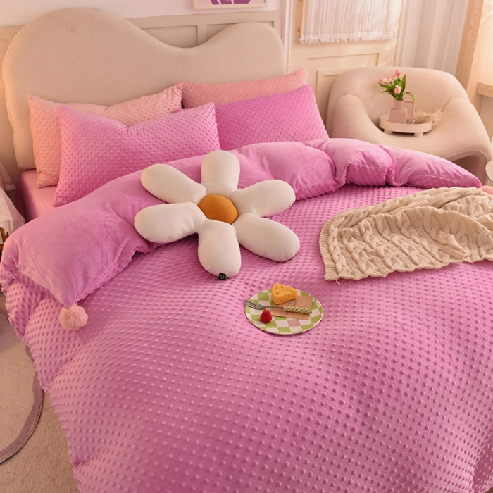 91家纺网 家纺一手货源 找家纺 艾米家居  2022新款秋冬豆豆绒宝宝绒四件套 玫红