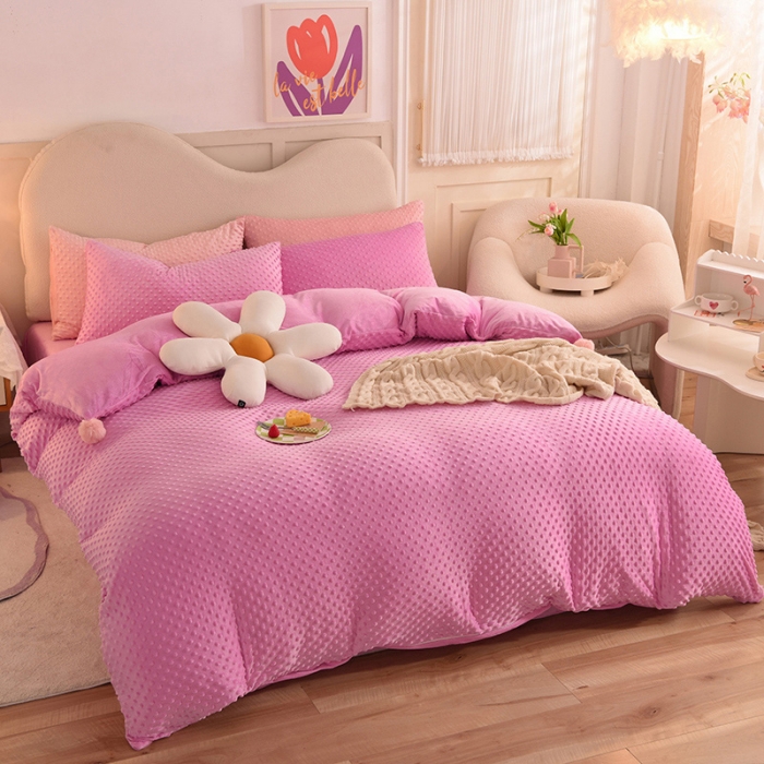 91家纺网 家纺一手货源 找家纺 艾米家居  2022新款秋冬豆豆绒宝宝绒四件套 玫红