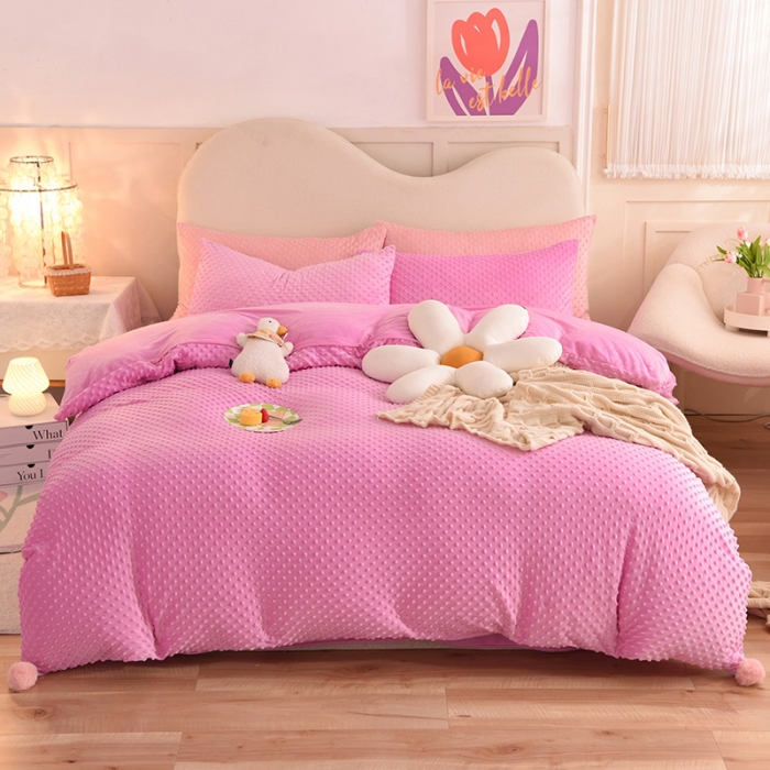 91家纺网 家纺一手货源 找家纺 艾米家居  2022新款秋冬豆豆绒宝宝绒四件套 玫红