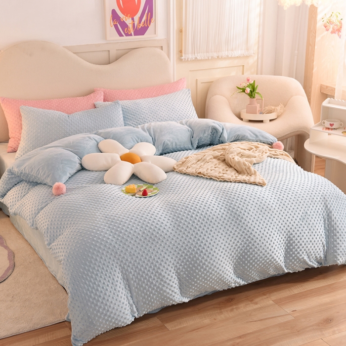 91家纺网 家纺一手货源 找家纺 艾米家居  2022新款秋冬豆豆绒宝宝绒四件套 蓝