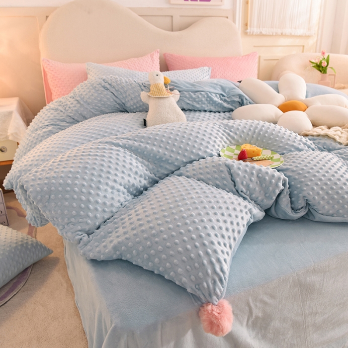 91家纺网 家纺一手货源 找家纺 艾米家居  2022新款秋冬豆豆绒宝宝绒四件套 蓝