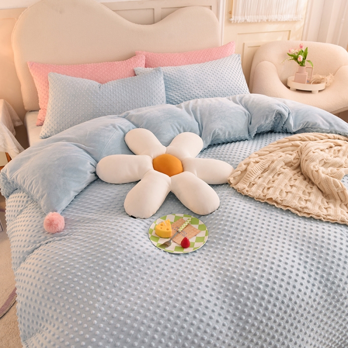 91家纺网 家纺一手货源 找家纺 艾米家居  2022新款秋冬豆豆绒宝宝绒四件套 蓝