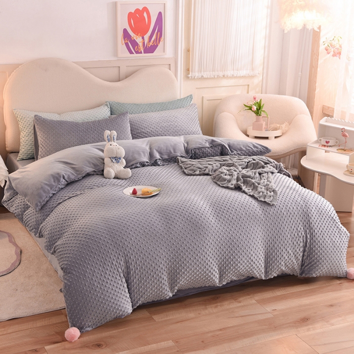 91家纺网 家纺一手货源 找家纺 艾米家居  2022新款秋冬豆豆绒宝宝绒四件套 灰