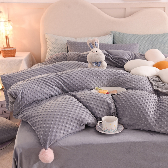 91家纺网 家纺一手货源 找家纺 艾米家居  2022新款秋冬豆豆绒宝宝绒四件套 灰