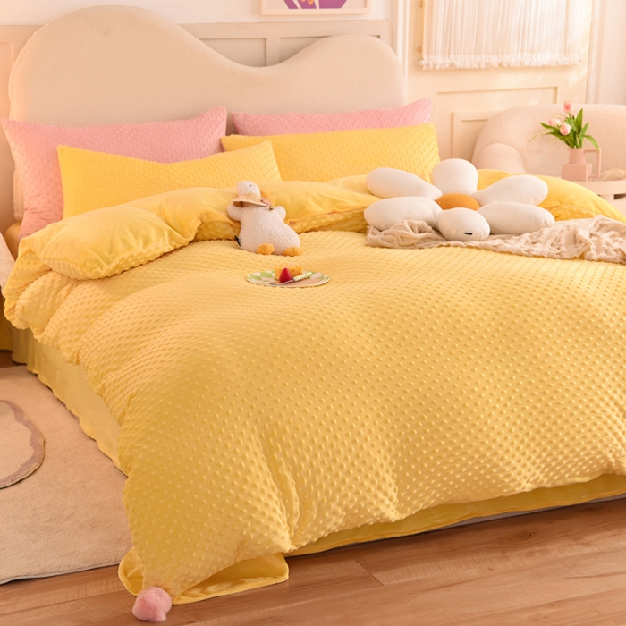 91家纺网 家纺一手货源 找家纺 艾米家居  2022新款秋冬豆豆绒宝宝绒四件套 黄