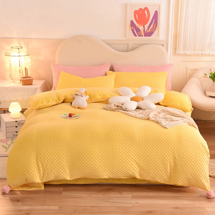 91家纺网 家纺一手货源 找家纺 艾米家居  2022新款秋冬豆豆绒宝宝绒四件套 黄