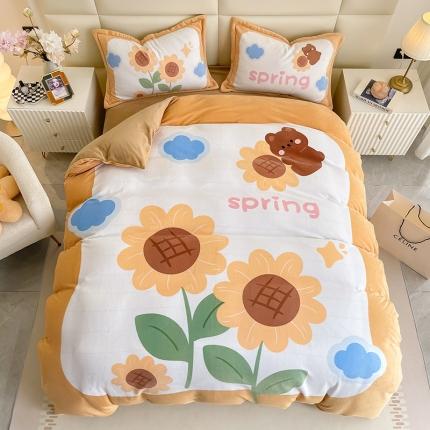 91家纺网 家纺一手货源 找家纺 2022懒猫家纺大版卡通印花牛奶绒四件套 向日葵