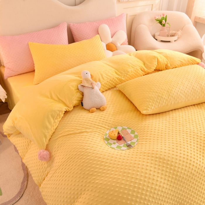 91家纺网 家纺一手货源 找家纺 艾米家居  2022新款秋冬豆豆绒宝宝绒四件套 黄