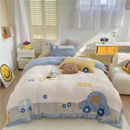 91家纺网 家纺一手货源 找家纺 星野2022新款高克重全消光秋冬绒牛奶绒四件套 小熊巴士