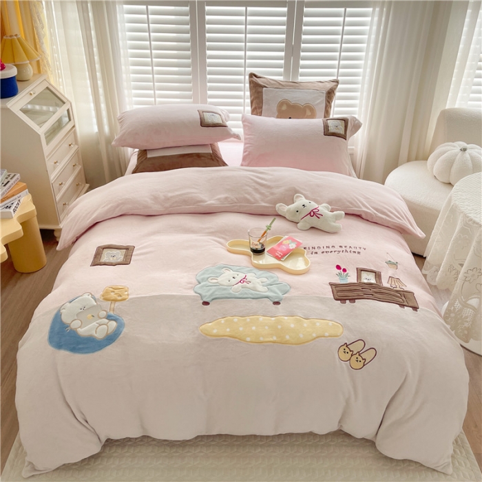 91家纺网 家纺一手货源 找家纺 星野2022新款高克重全消光秋冬绒牛奶绒四件套 假日时光