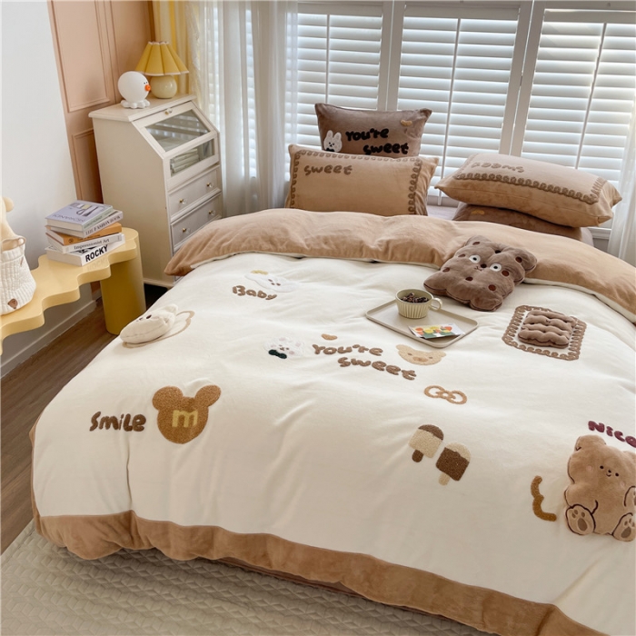 91家纺网 家纺一手货源 找家纺 星野2022新款高克重全消光秋冬绒牛奶绒四件套 可可饼干